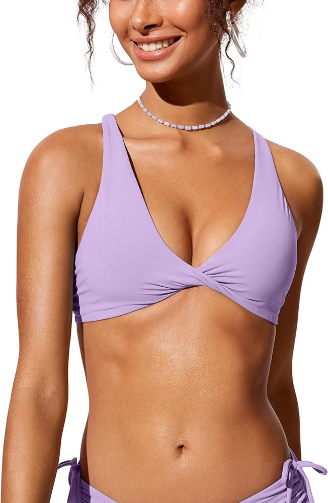 CRZ YOGA Womens V Neck Bikini Tops Twist Front Bathing Suit Criss Cross Back Swimsuit Padded | Amazon (US)