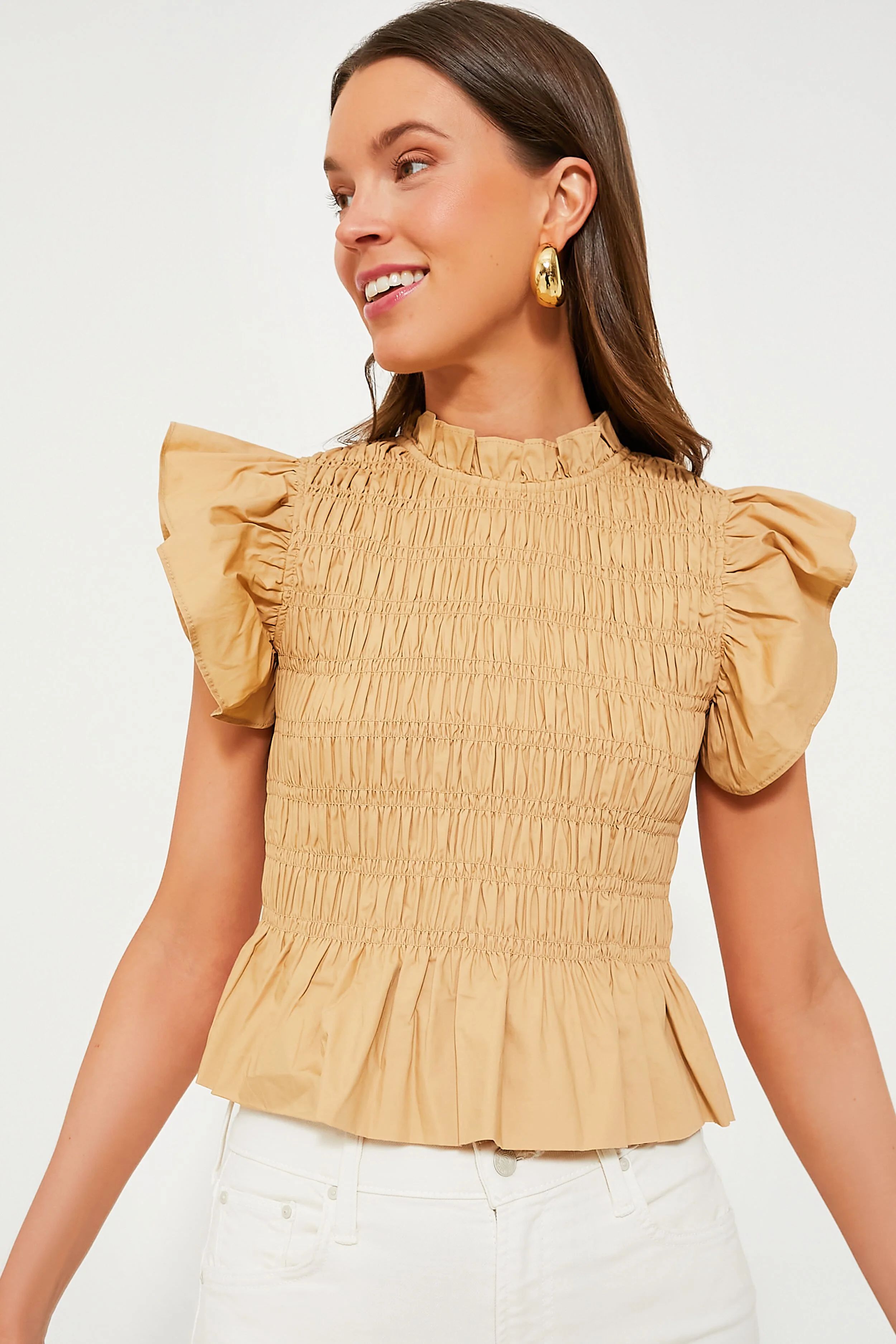 Tan Smocked High Neck Nadine Blouse | Tuckernuck (US)