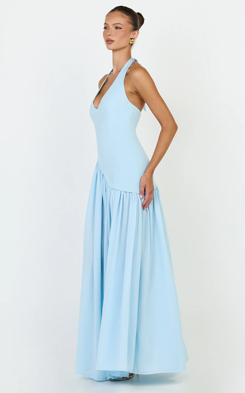 Halter Neck Asymmetric Dropped Waist Dress in Blue | Showpo (US, UK & Europe)
