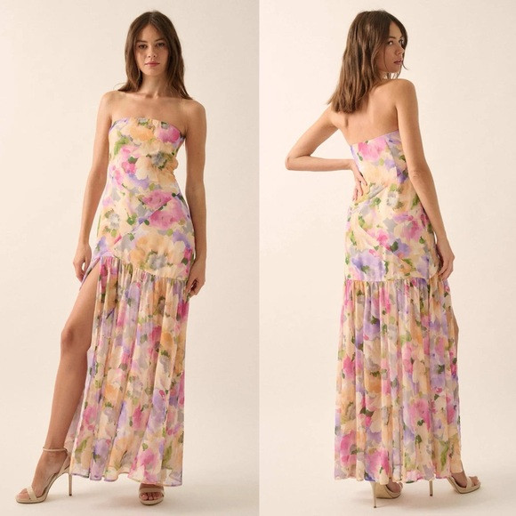 Pink Floral Chiffon Strapless Maxi Dress (S) | Poshmark