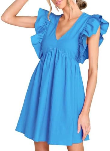 FANCYINN Women's Summer Casual Babydoll Mini Dress Ruffle Sleeveless Deep V Neck Pleated Swing Fl... | Amazon (US)