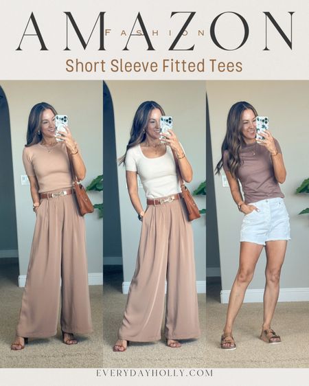 💥Sale on some of these Amazon Short sleeve top perfect for everyday, work, casual.  Wearing the smallest size available in all tees Wide leg trousers XS short  | summer outfits, workwear, neutral, wide leg trousers XS short, stretchy belts, two strap heels TTS, crescent purse, crossbody. Short linked in LTK


#LTKStyleTip #LTKFindsUnder50 #LTKSaleAlert