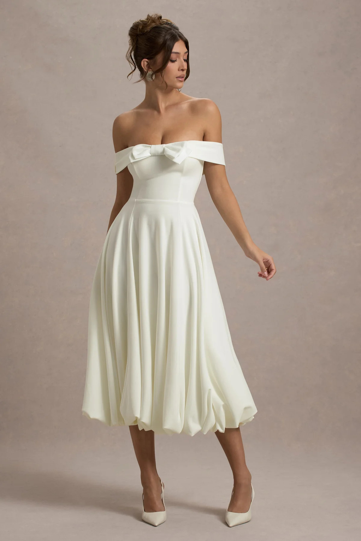 Calliopia | Cream Bow Bardot Midi Dress With Puff-Ball Skirt | Club L London