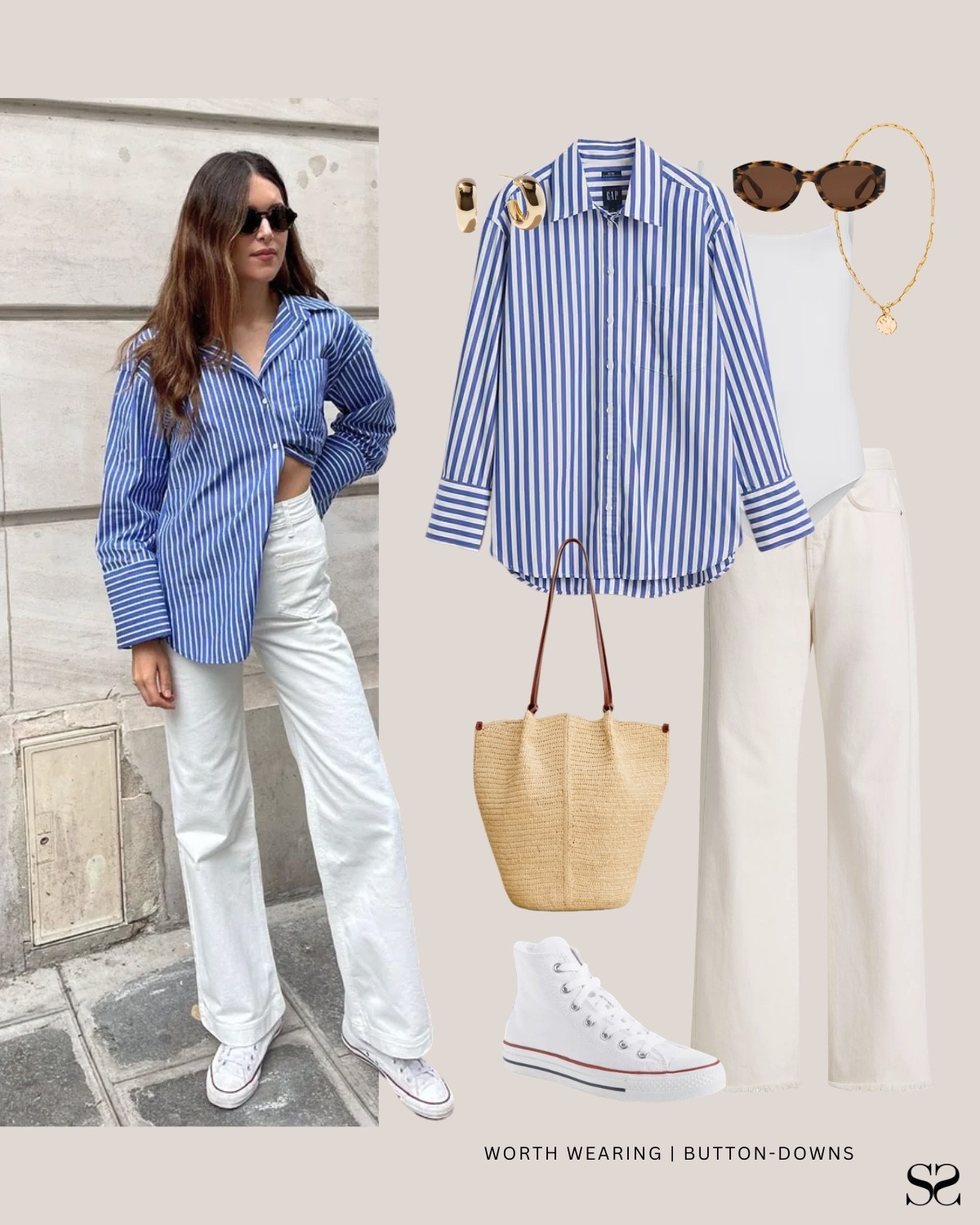 Striped button-down shirt outfit for Spring! Worn open over a white tank and ecru wide leg jeans with white high top Converse and a straw tote. The most effortless combination.

Blue stripe button-down shirt, white tank, ecru wide leg jeans, white high top Converse, straw tote bag

#LTKSeasonal #LTKgrwm #LTKootd