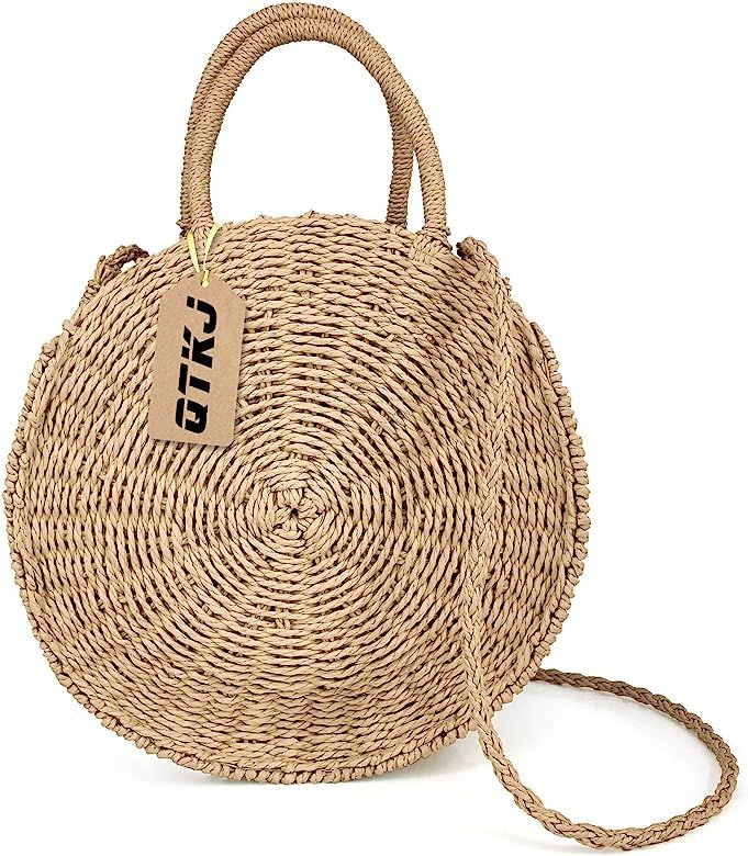 Women Straw Summer Beach Bag Handwoven Round Rattan Bag Cross Body Bag Shoulder Messenger Satchel | Amazon (US)