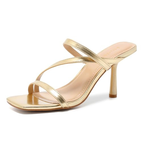 Hodeery Kitten Heels for Women Square Open Toe Stiletto Mules Sandals Slip On 3 Inch Heeled Sandals Summer Dressy Shoes for Graduation Party Wedding Going Out Gold 8 | Amazon (US)