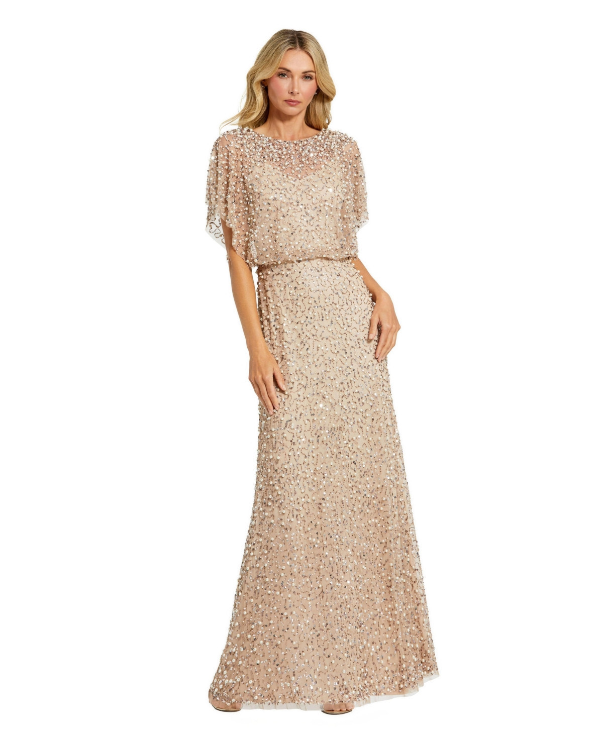 Mac Duggal Petite High Neck Short Sleeve Embellished Gown - Nude gold | Macy's
