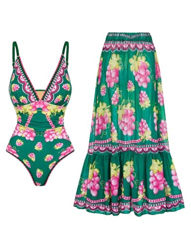 FLAXMAKER Women One Piece Deep V Neck Grapes Print Padded Swimsuit Two Piece Swimwear Bathing Suits (Green Swimsuit and Skirt, Small) | Amazon (US)