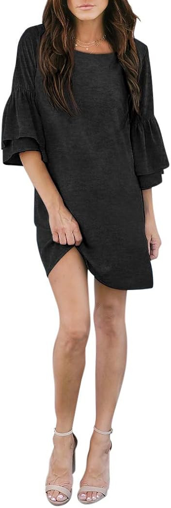 BELONGSCI Women's Dress Sweet & Cute V-Neck Bell Sleeve Shift Dress Mini Dress | Amazon (US)