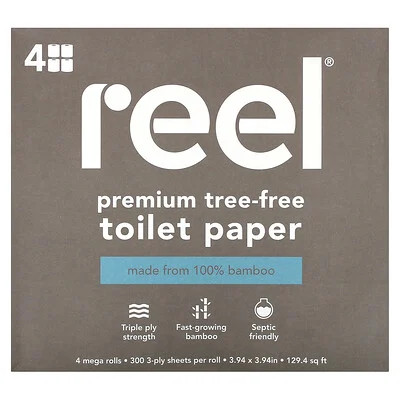 Reel, Premium Tree-Free Toilet Paper, 4 Mega Rolls | iHerb