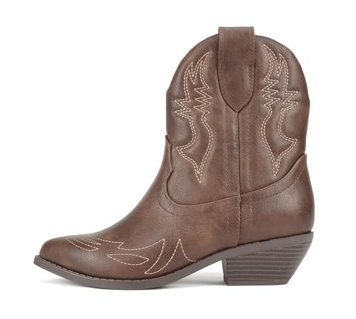 Soda Women Cowgirl Cowboy Western Stitched Ankle Boots Pointed Toe Short Booties Rigging-S (Brown Pu, 5.5) | Amazon (US)