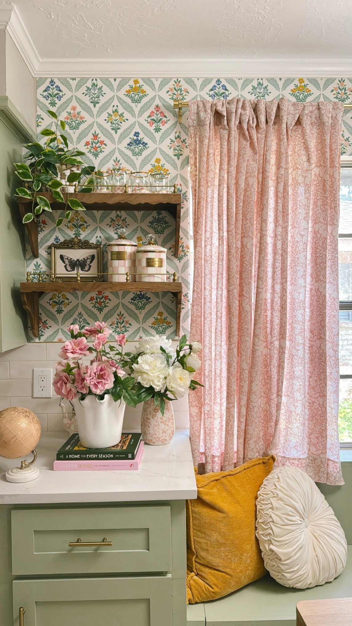 The small shelves have sold out, but I’ll share the large size still in stock! I love these curtains, but they did shrink quite a bit when I put them in the washing machine.

I got a lot of requests for the fan light link, but did want to note that now that we’ve had it for a little while our cons are that the fan makes a clinking sound when turned on high and I wish they designed something to hold the flowers on.

#LTKHome