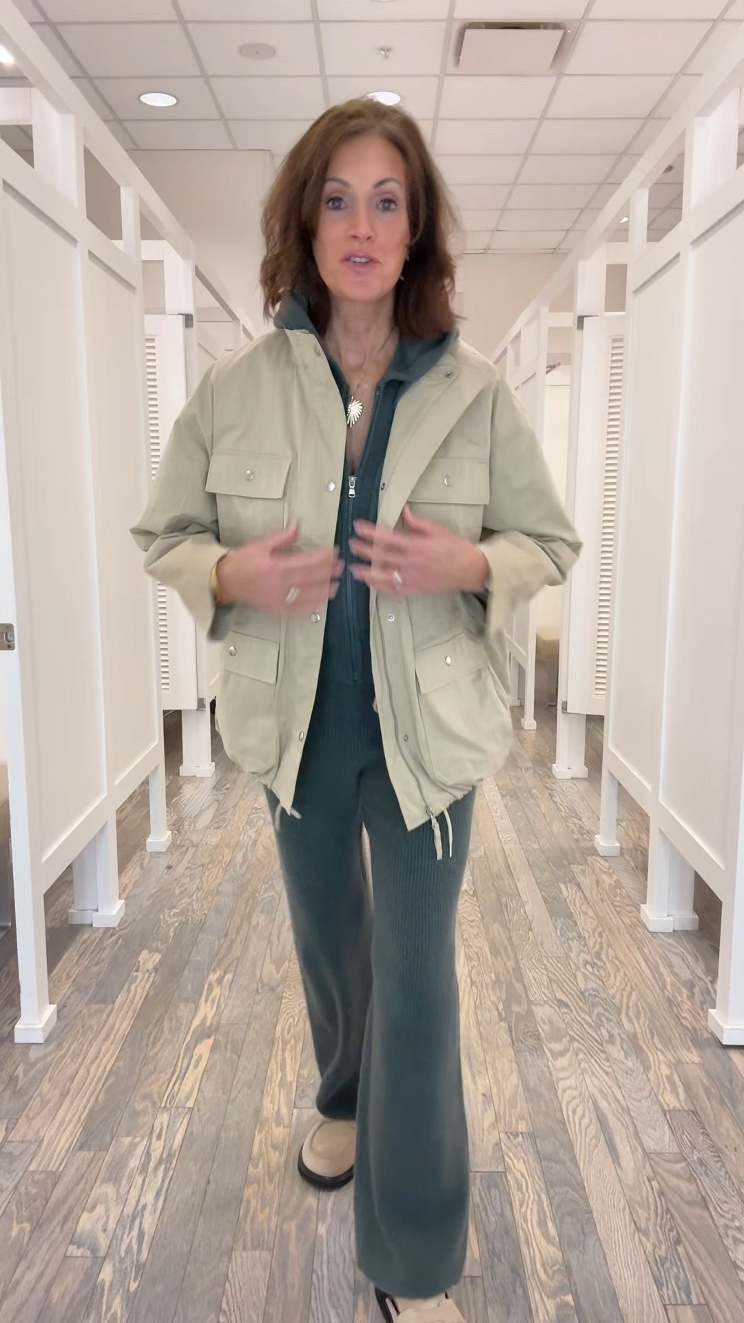 Unfortunately the jacket isn’t online yet but check your local store

Sweater and sweater pants - Medium 

#LTKTravel #LTKTall #LTKSaleAlert