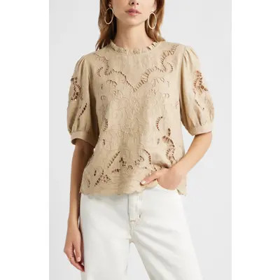 Treasure & Bond Embroidered Cutwork Puff Sleeve Linen Blend Top in Ivory Egret at Nordstrom, Size Xx-Large | Nordstrom