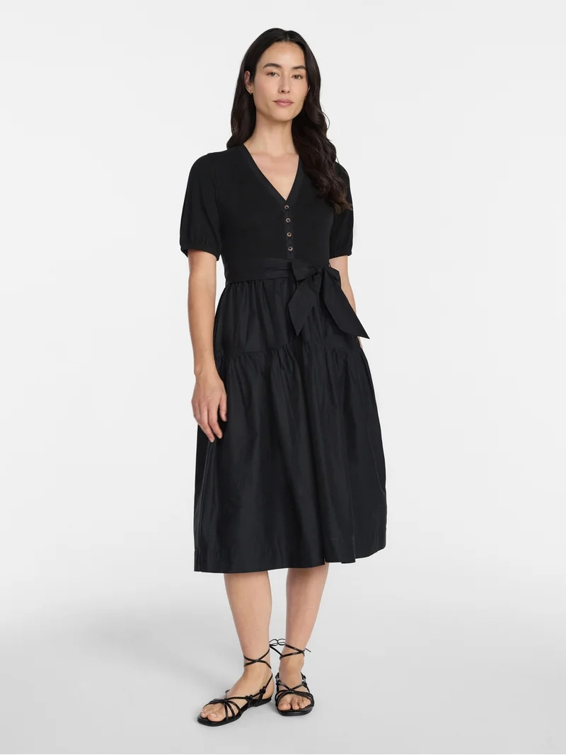 Time and Tru Women's Mixed Media Midi Dress with Puff Sleeves, Sizes XS-XXXL | Walmart (US)