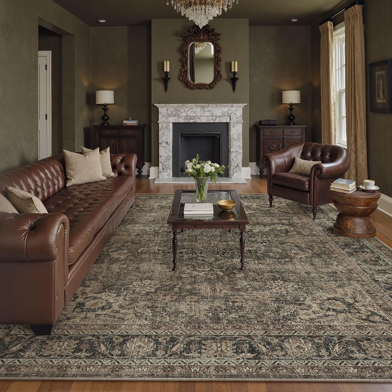 9x12 Washable Area Rug Brown Vintage Rug for Living Room | Amazon (US)