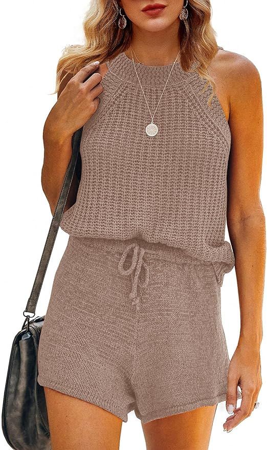 Ybenlow Womens Two Piece Outfits Summer High Neck Sleeveless Knit Sweater Tank Tops with Drawstri... | Amazon (US)