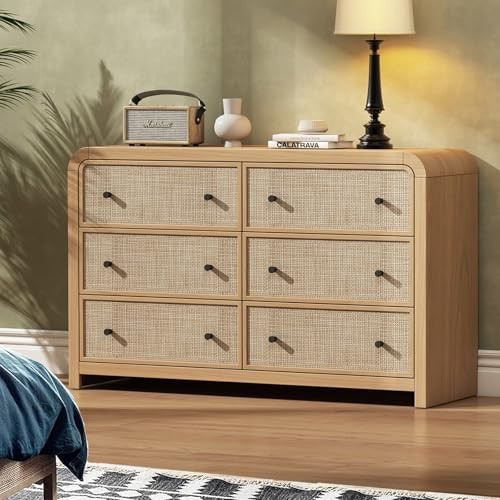 Oak&Sparrow 6 Drawer Dresser for Bedroom, 49'' Rattan Dresser with Ample Storage, Boho Chest of Drawers, Thickened Curved Profile Design, Oak Dressers for Bedroom, Living Room | Amazon (US)