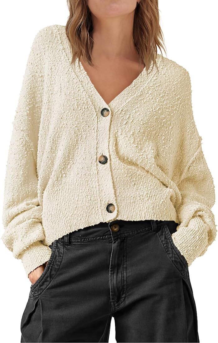 Womens Cropped Long Sleeve Button Open Front Sweater Oversized Knit Cardigan Outwear Coats | Amazon (US)