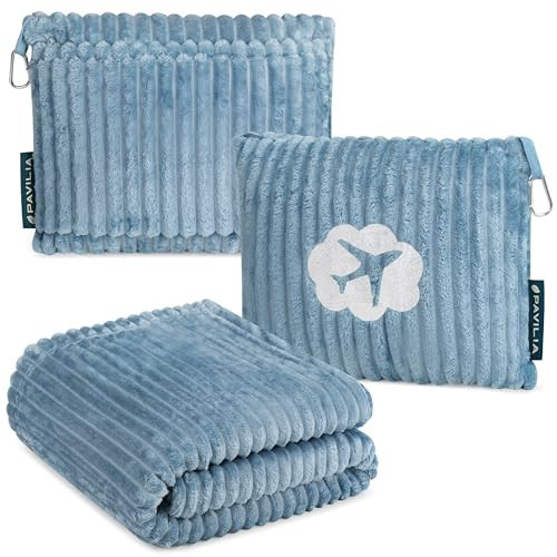 PAVILIA Travel Blanket Pillow in Soft Bag with Pockets, Airplane Blanket Set, Plane Blanket Compact Packable, Flight Essentials Car Pillow, Travelers Accessories Gifts, Luggage Strap, Dusty Light Blue | Amazon (US)