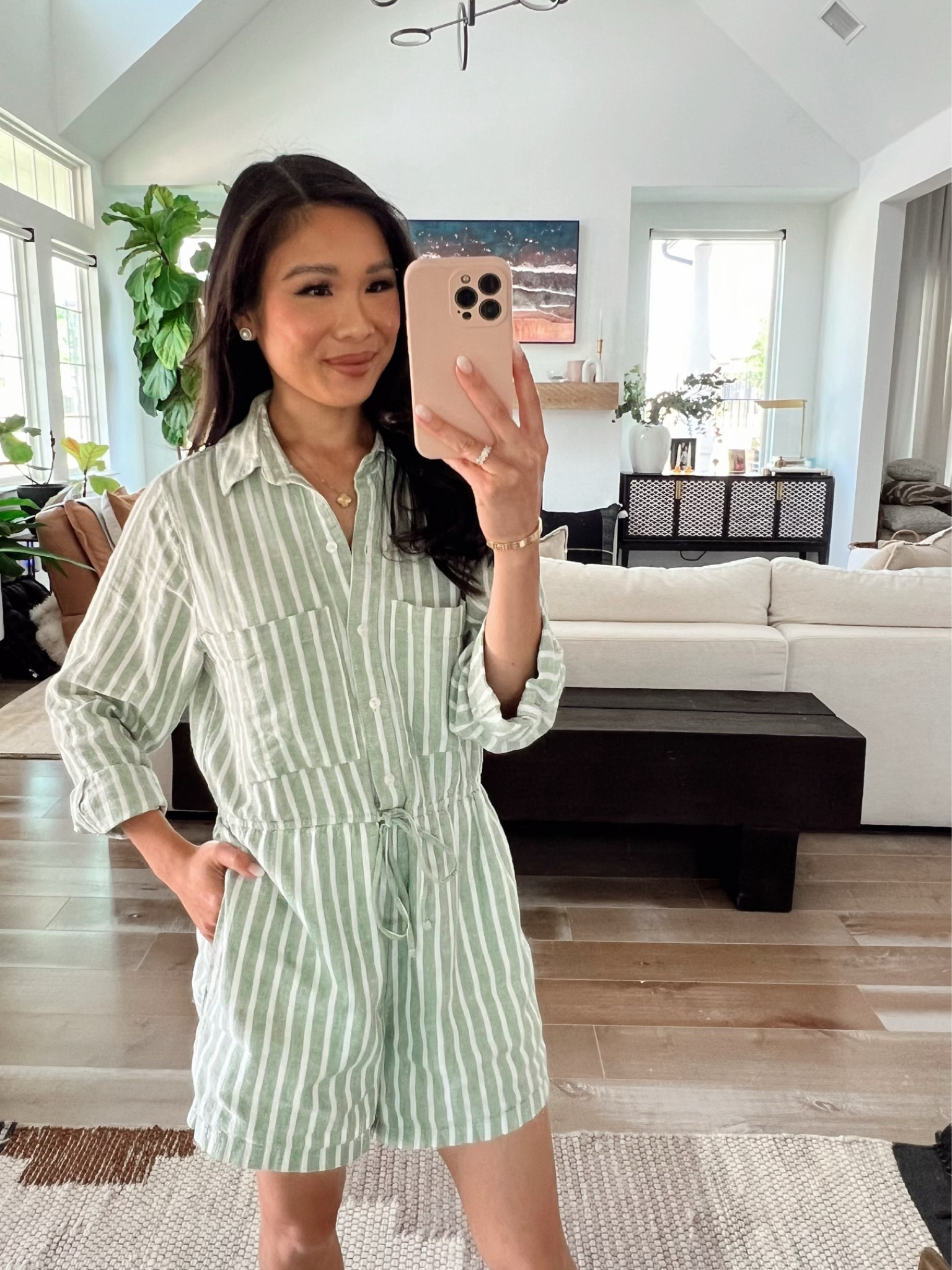 Summer transitioning to fall outfit of the day with striped linen blend romper. Love that this has a button front, tie waist, long sleeves and pockets. Wearing size XS and it’s available in beige and white still! On sale for an extra 15% off clearance 

#LTKSaleAlert #LTKxAF #LTKStyleTip