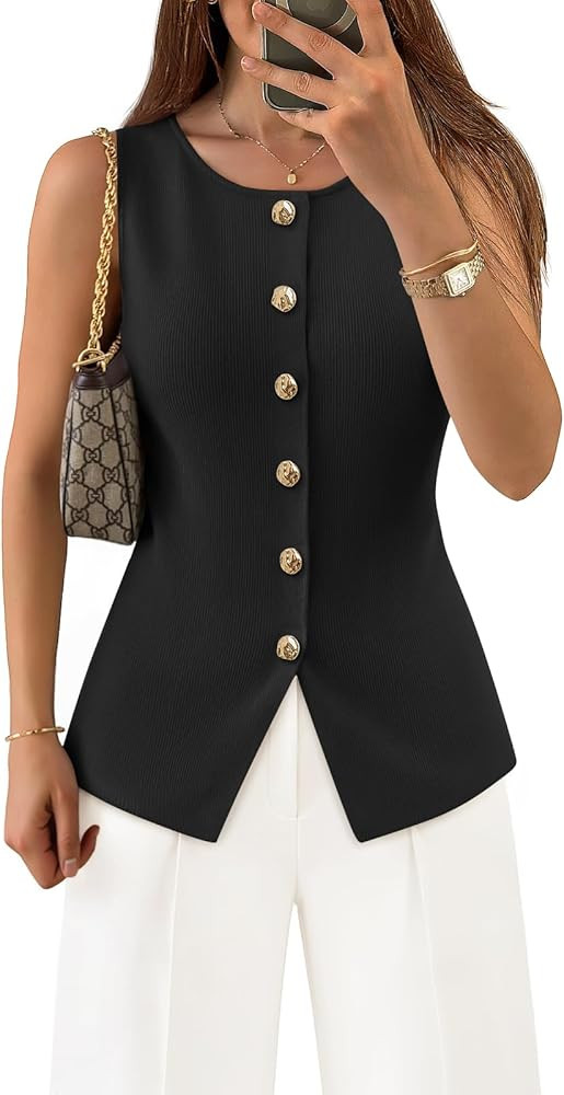 ZESICA Sleeveless Sweater Vest Tops for Women Button Down Knit Lightweight Tanks 2026 Summer Busi... | Amazon (US)