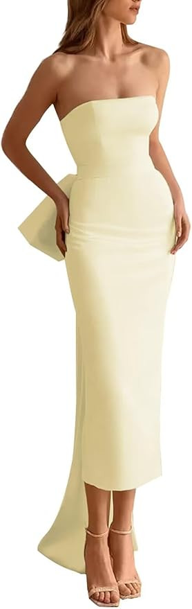 Satin Mermaid Prom Dress for Women2024 Cocktail Party Dress with Slit Formal Bow Dresses with Det... | Amazon (US)