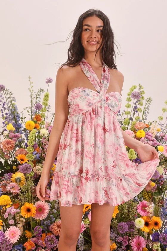 Radiantly Sweet White and Pink Floral Halter Mini Dress | Lulus (US)