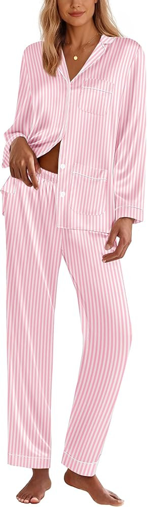Ekouaer Silk Pajamas for Women Classic Button Down Satin Pajama Sets Long Sleeve Lounge Set | Amazon (US)