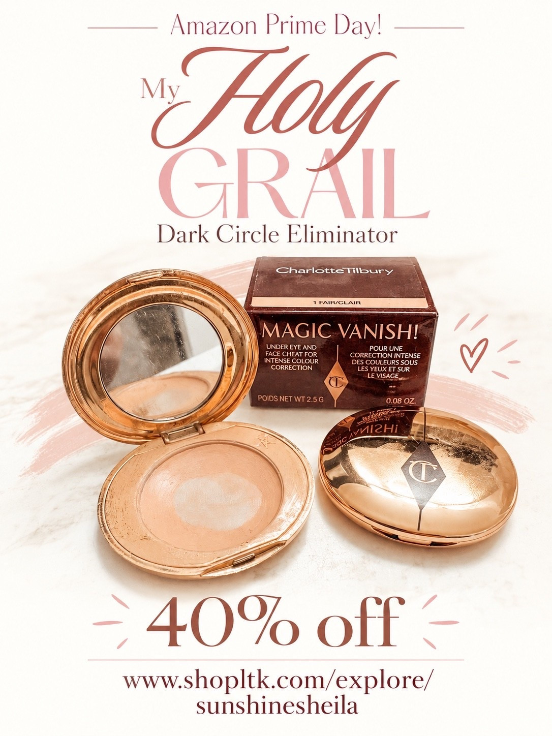 Guys.... oh my. My absolute holy grail is 40% off on the Prime sale.
This under eye corrector eliminates dark circles. All without giving 2016 face.
I think this must be the 20th time that I've purchased this.
It works like nothing else!
Makeup, cosmetics, Charlotte Tilbury, Prime
