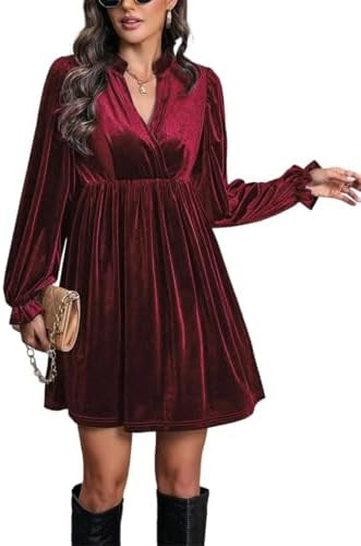 Sparkly Velvet Glitter Sequins Dress for Women Red Casual A Line Long Sleeve V-Neck Cocktail Part... | Amazon (US)