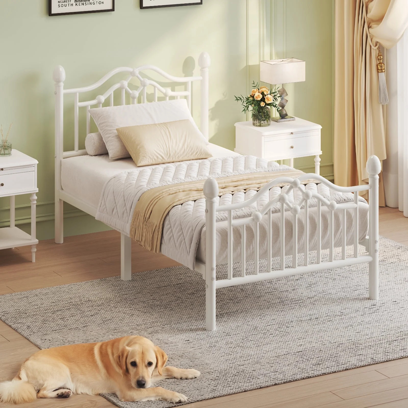 E-Motie Metal Bed Frame Twin Size with Vintage Victorian Headboard & Footboard, White | Walmart (US)