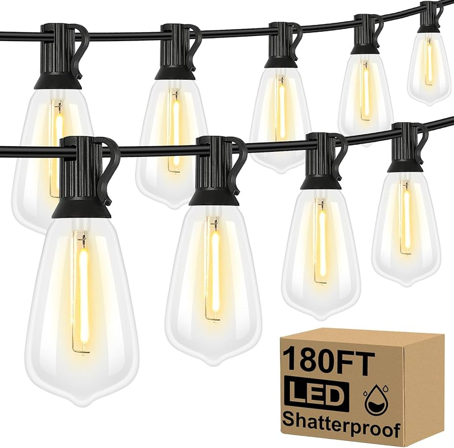 Brightever Outdoor String Lights 180FT, Patio Lights with 90+4 Dimmable ST38 Shatterproof LED Bul... | Amazon (US)