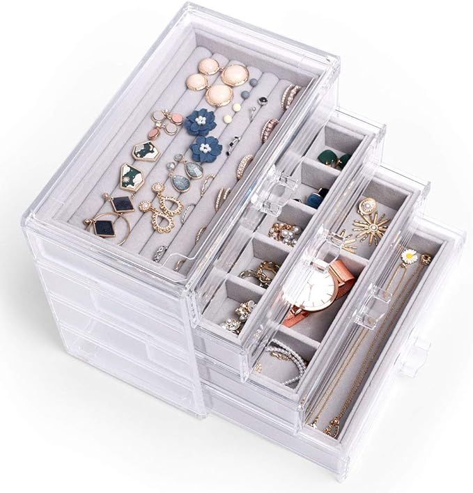 Acrylic Jewelry Box 4 Layers Clear Velvet Jewelry Organizer Case Cosmetic Organizer Vanity Storag... | Amazon (US)