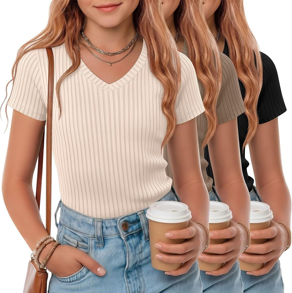 Oakgarden 3 Pack Girls T Shirts 5-14 Years Tween Short Sleeve V Neck Fitted Ribbed Tops Basic Sum... | Amazon (US)