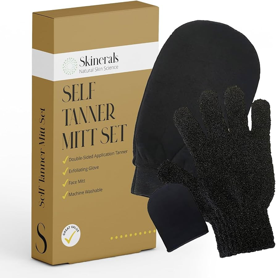 Skinerals Self Tanner Mitt Set, Ultra Soft Double-Sided Application Tanner, Exfoliating Glove and... | Amazon (US)