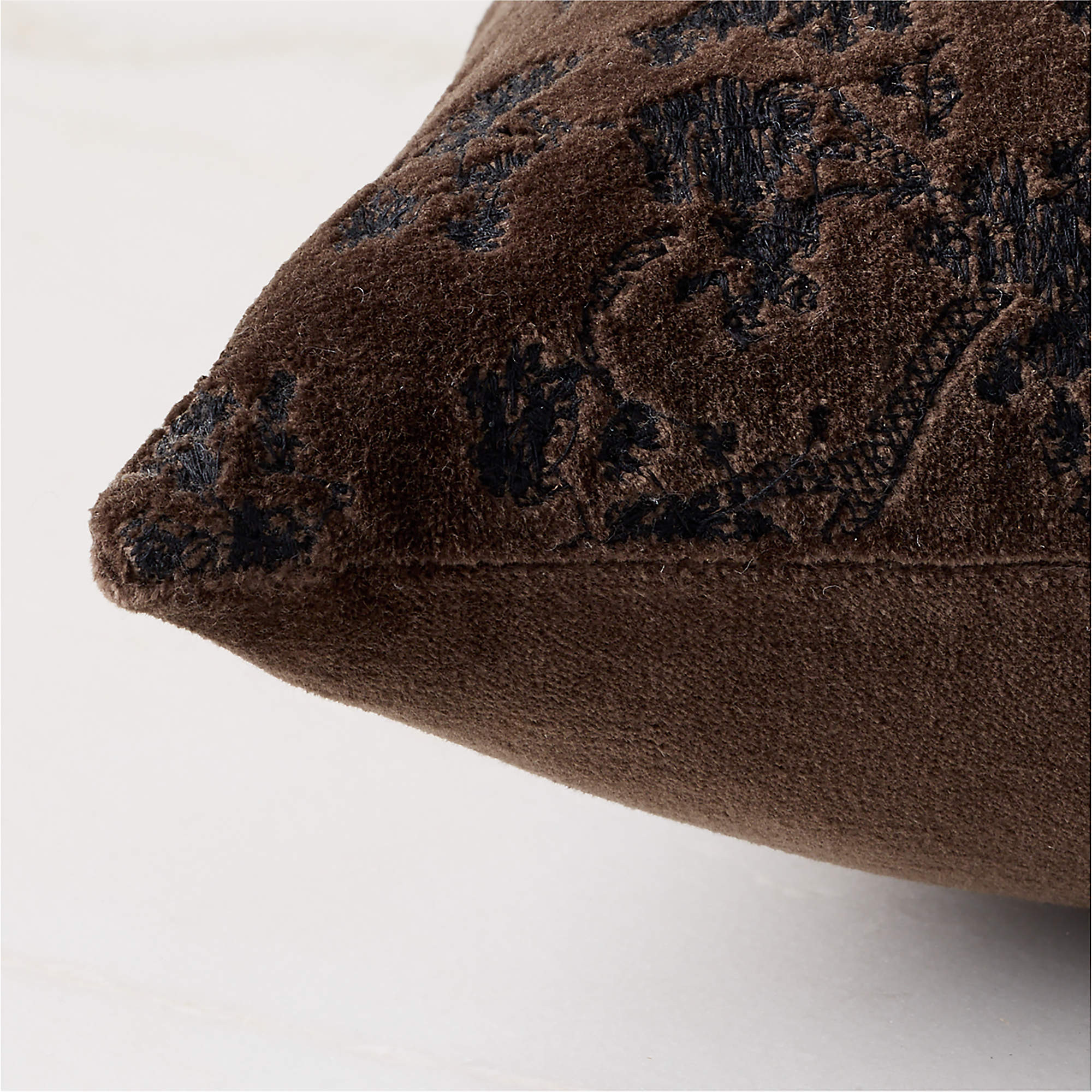 Sloane Ash Brown Embroidered Velvet Throw Pillow with Down-Alternative Insert 20"x20" | CB2 | CB2