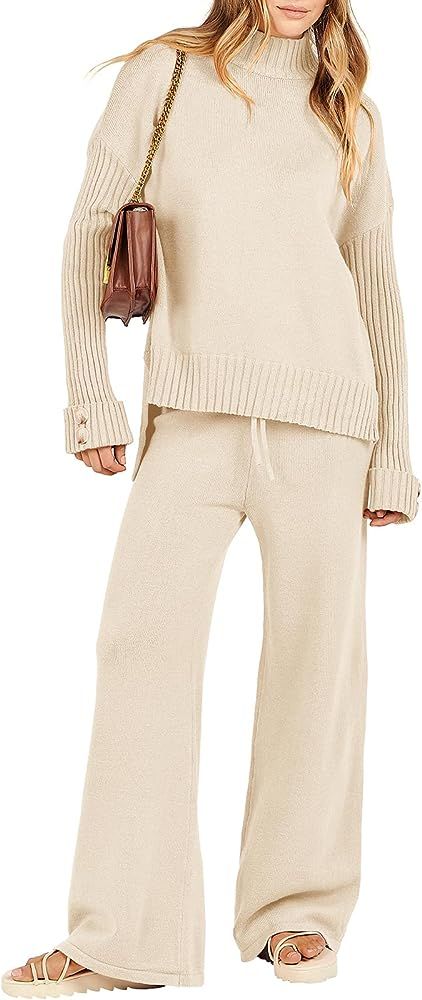 Women's Two Piece Outfits Sweater Sets Long Sleeve Knit Pullover and Wide Leg Pants Lounge Sets | Amazon (US)