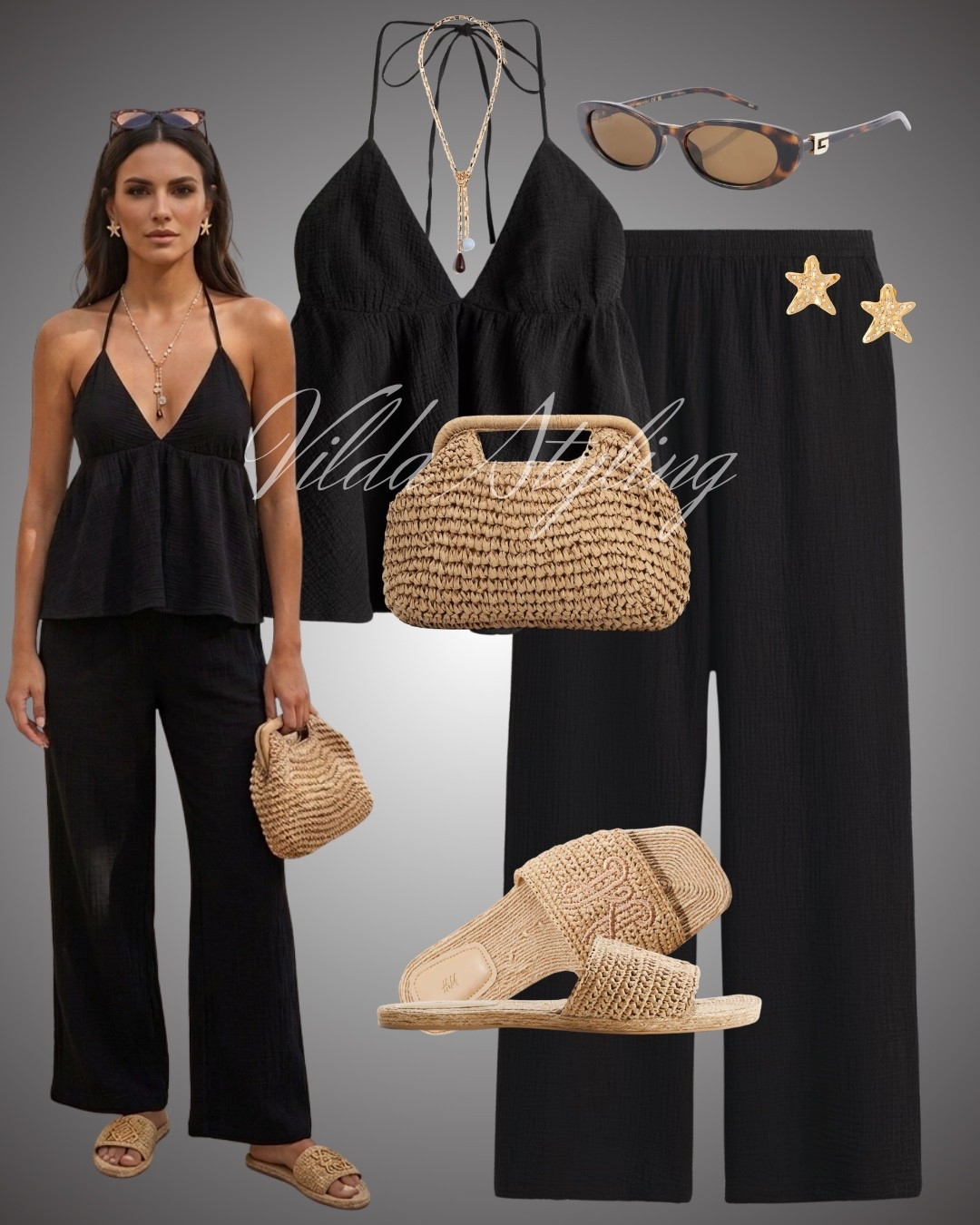 Black linen co-ord set matching set raffia bag raffia sandals
beach holiday resort wear outfit

#LTKsummer #LTKspring #LTKstyletip