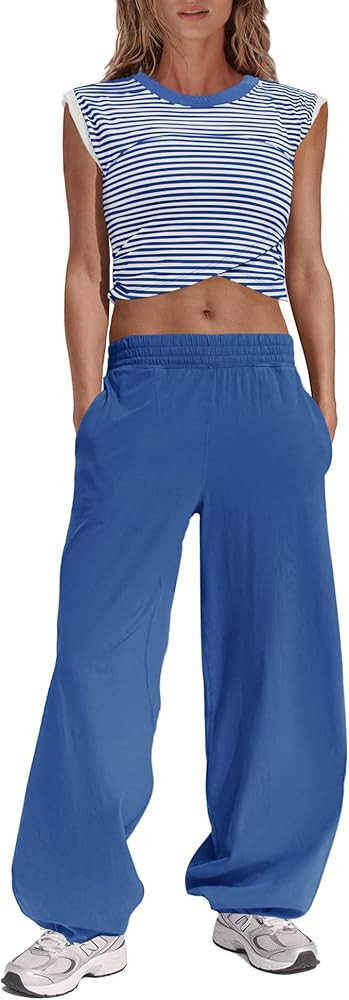 Panadila Womens Striped Lounge Sets 2 Piece Outfits Cropped T Shirts Wide Leg Pants Set Summer Sw... | Amazon (US)
