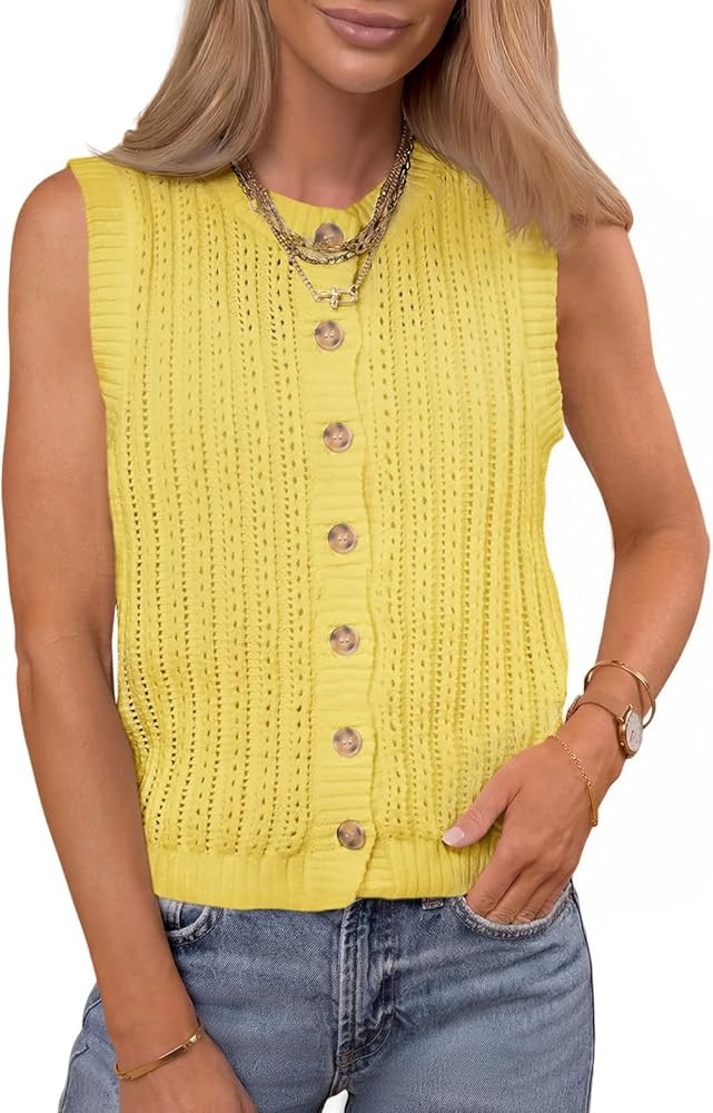 Saodimallsu Womens Cropped Sweater Vest Crochet Sleeveless Button Down Cardigan Summer Boho Knit ... | Amazon (US)