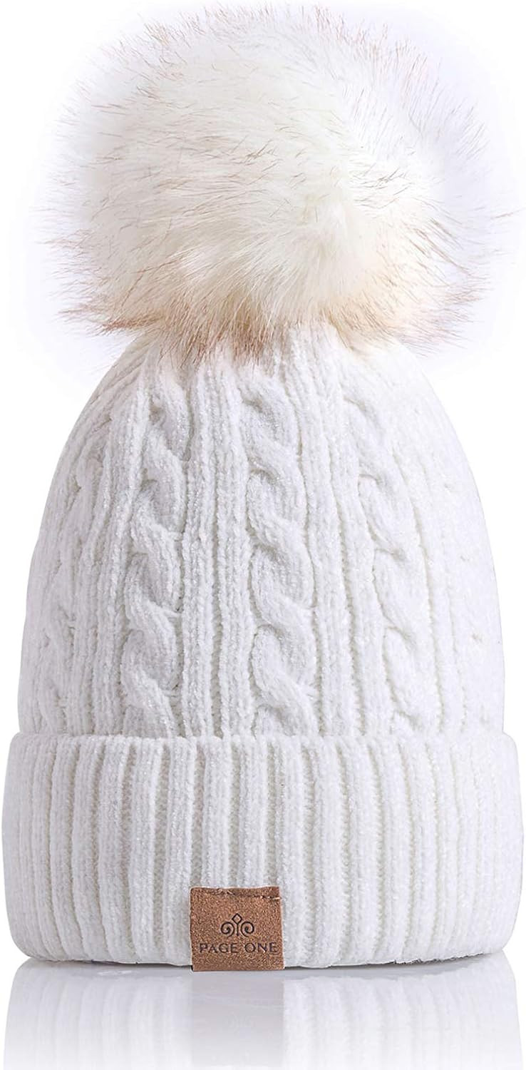 PAGE ONE Women Winter Pom Pom Beanie Hats Warm Fleece Lined,Chunky Trendy Cute Chenille Knit Twis... | Amazon (US)