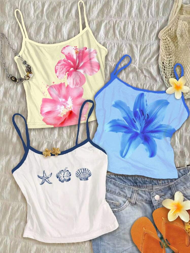 Attitoon 3pcs Casual Vacation Style Cream Yellow Chill Vacation Tropical Hibiscus, Blue Hibiscus, Blue Starfish & Seashell Beach Print Women Camisole Sexy Spaghetti Strap Tank Tops, Suitable For Summer Vacation Suitable For Going Out,Halter Top | SHEIN