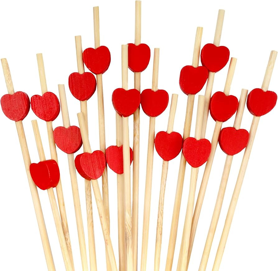 BambooMN 9.5 Inch Decorative Red Heart Bamboo Cocktail Fruit Sandwich Picks Skewers for Catered E... | Amazon (US)