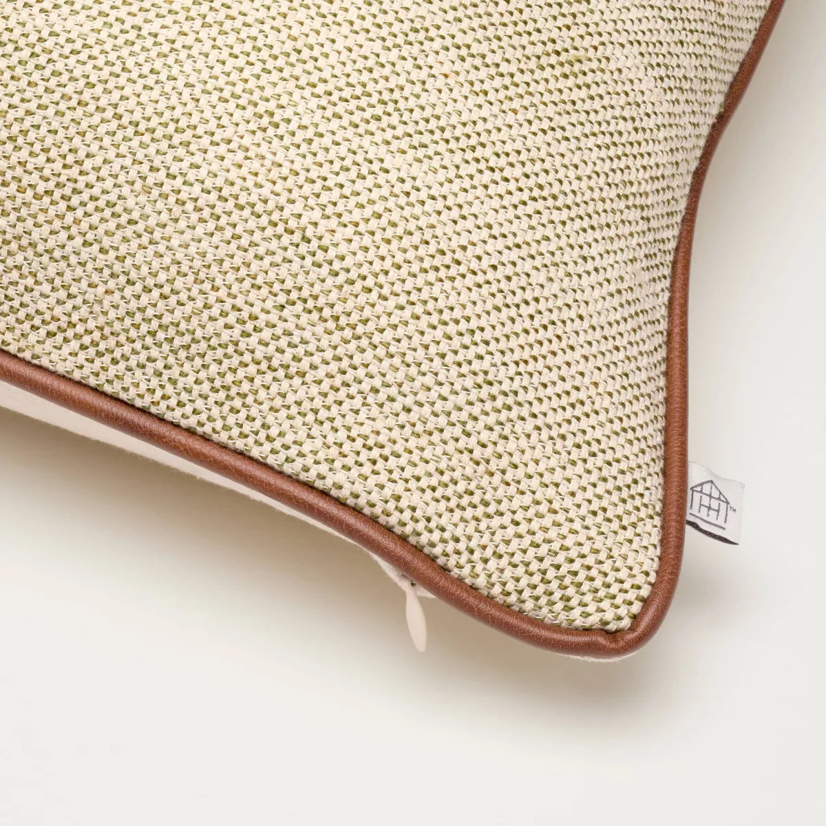 18"x18" Tweed with Faux Leather Trim Square Toss Pillow Green - Hearth & Hand™ with Magnolia | Target