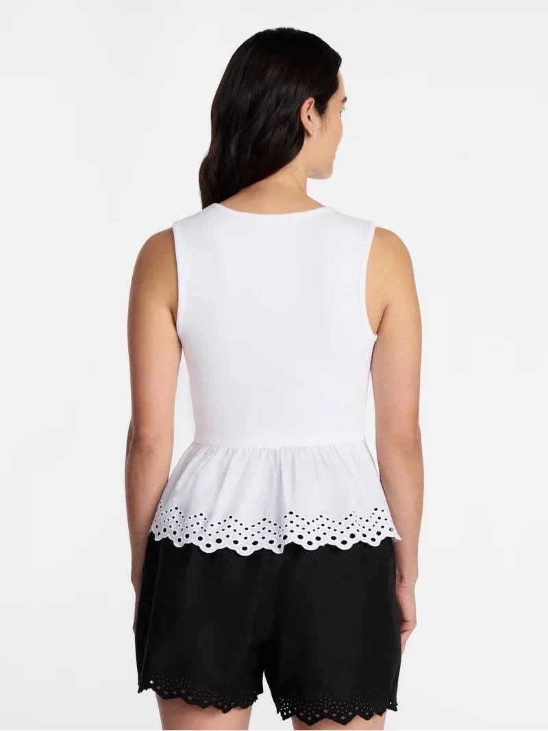 Time and Tru Women's Eyelet Trim Tank Top with Peplum Hem, Sizes XS-XXXL | Walmart (US)