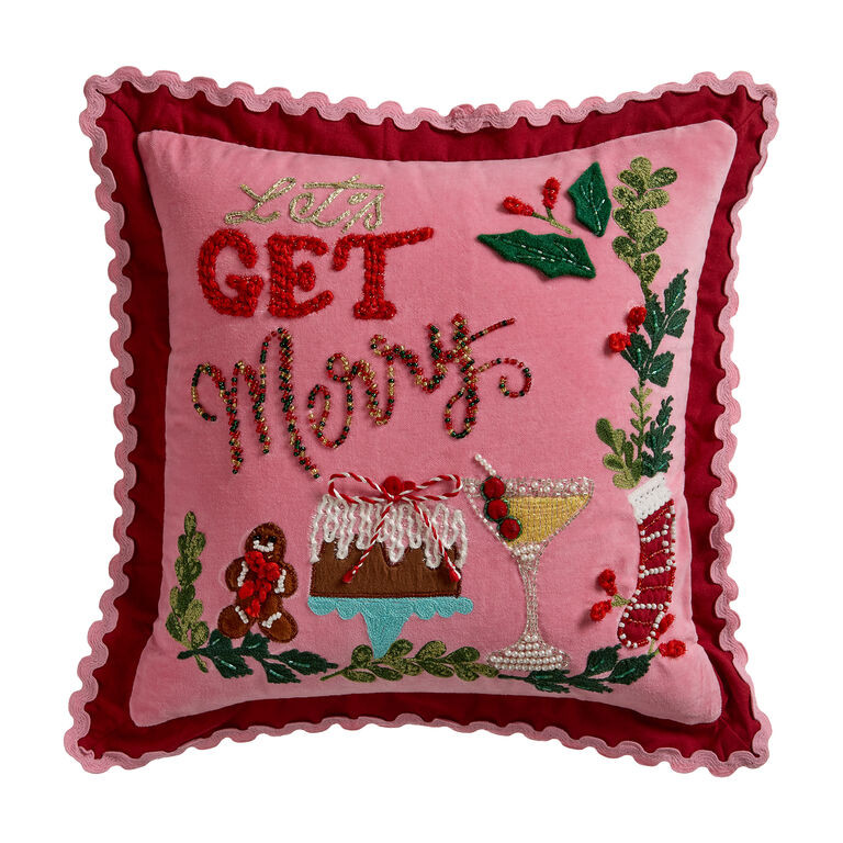 Pink and Red Let's Get Merry Embroidered Beaded Throw Pillow | World Market