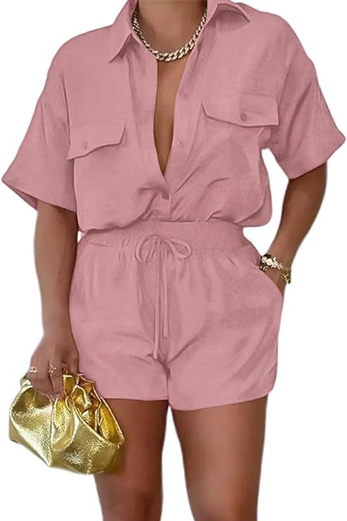 2 Piece Outfits for Women Summer Casual Short Sleeve Button Down Tops Blouses Shirts and Shorts S... | Amazon (US)