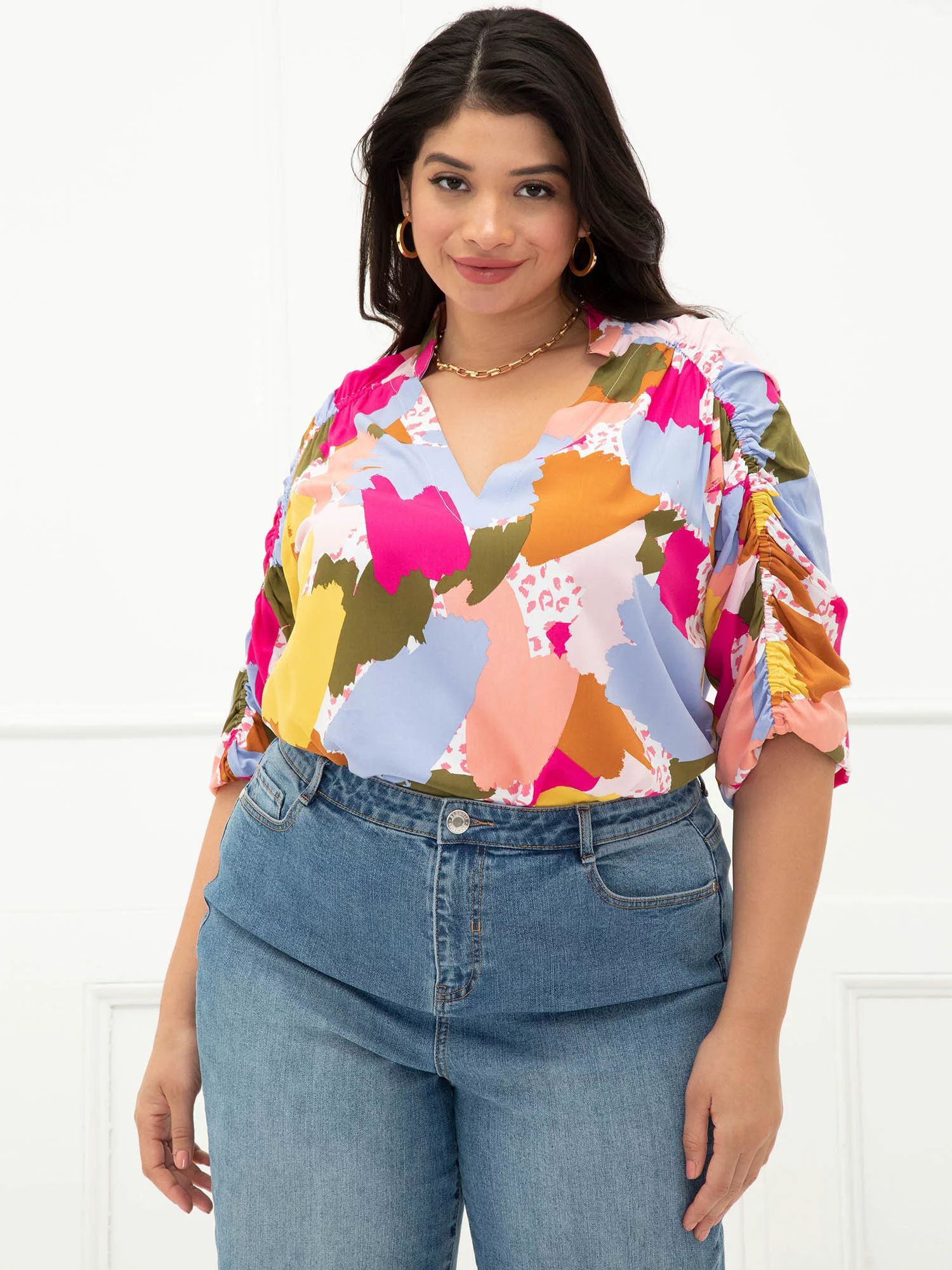 ELOQUII Elements Women's Plus Size Abstract Print Ruched Sleeve Top | Walmart (US)