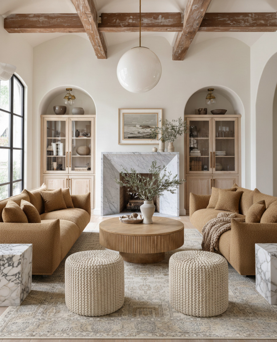 Warm tones meet organic textures in this cozy modern living room. The caramel boucle sofas create a soft, sculptural base for the space, while the fluted wood coffee table adds warmth and dimension. Layered neutrals in the woven poufs, vintage-style rug, and marble side tables keep the look refined yet inviting. Natural oak built-ins frame the marble fireplace, tying in beautifully with the exposed wood beams and soft arched details. Styled with simple ceramic vases, olive branches, and neutral artwork for that effortless organic modern feel. 

Black Friday 

 #LTKStyleTip#LTKCyberWeek 

#LTKHome #LTKSaleAlert